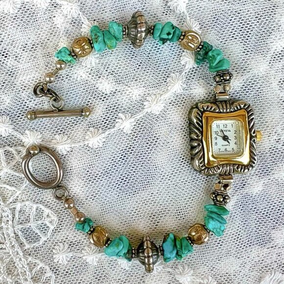 Vintage Y2K Bracelet Style Geneva Watch w Toggle Clasp Silver & Turquoise Beads - Picture 1 of 11
